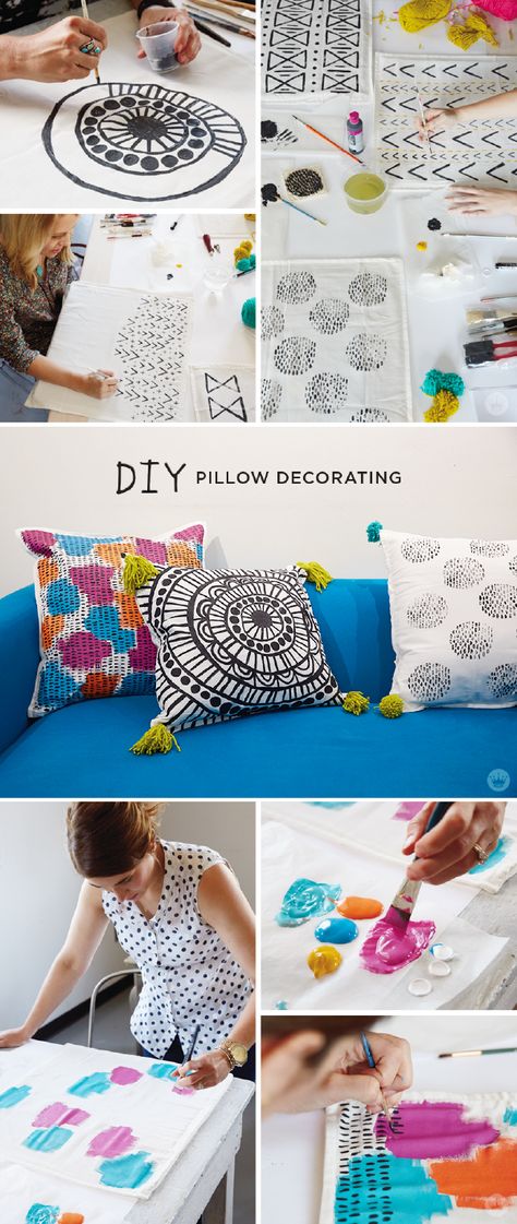 Pillow Makeover Diy, Painting Cushions Fabric, Paint Pillow Cover Diy, Diy Fabric Decor, Painting On Pillow Covers, Pillow Cover Painting Ideas, Pillow Painting Design, Pillow Cover Designs Ideas Painting, Pillow Covers Painting