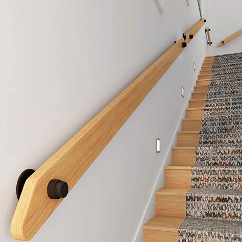 Wood Railings For Stairs, Wall Mounted Handrail, Interior Stair Railing, Stair Kits, Wood Handrail, Boho Bedroom Design, Staircase Handrail, Escalier Design, Wood Staircase