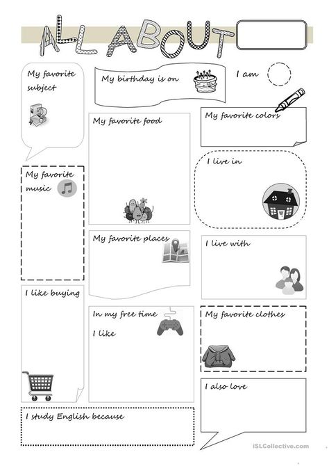 All about me - English ESL Worksheets for distance learning and physical classrooms Preschool About Me, Writing Worksheets Kindergarten, About Me Printable, About Me Worksheet, Me Worksheet, All About Me Poster, All About Me Printable, All About Me Book, Online Preschool