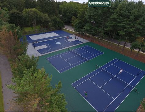 Congratulation to the Township of Mahwah, NJ on their resurfacing of Fardale Park. This is Mahwah's second park resurfaced with the Snapsports modular surfacing this summer. With a Bird's Eye view, you can really see how fantastic these courts look!!  What was 27,00 square feet of faded, moldy, cracked asphalt courts have been transformed with the Bounce Back and Dura Court modular tile system into the center point of the neighborhood.  Gone are the days of cracked, patch, unused court facil Tennis Court Birds Eye View, School Building Design, Modular Tile, Sports Centre, Center Point, Bird's Eye View, Bounce Back, School Building, Birds Eye View