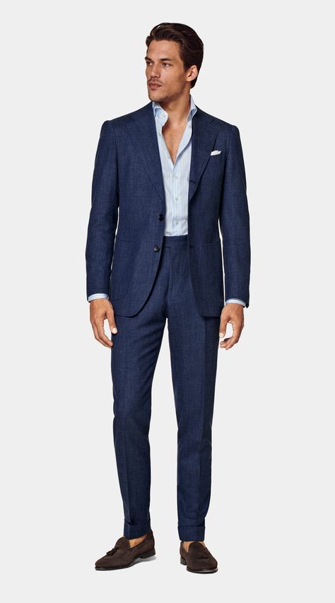 Mid Blue Havana Suit in Wool Silk Linen | SUITSUPPLY The Netherlands Blue Suit Outfit, Linen Suit Men, Tailored Suits For Men, Blue Linen Suit, Custom Tuxedo, Rehearsal Dinner Outfits, Dark Blue Suit, Perfect White Shirt, Blue Suit Men