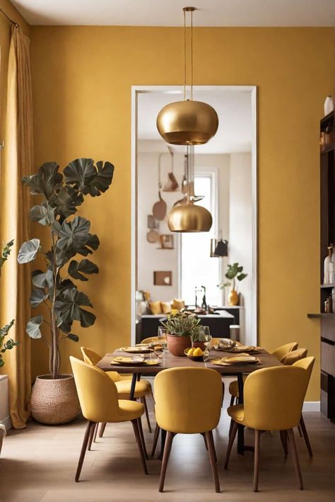 apartment dining room dcor ideas in mustard yellow 1 Mustard Yellow Dining Room, Mauve Dining Room, Small Dining Room Paint Color Ideas, Dining Room Paint Ideas, Dining Room Paint Color Ideas, Apartment Dining Room Decor, Cosy Dining Room, Amazing Apartments, Dining Room Colour Schemes