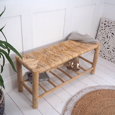 Our new tailor made Ardennes wicker bench is an excellent piece for any hallway, kitchen or bedroom. A wonderful piece for any hallway, bedroom or conservatory, our tailor made wicker bench is both a visually pleasing and a practical piece for the home. Use for extra seating and a very elegant way to deal with clutter. The comfortable seat has been hand woven with sustainable abaca to create a soft country style and we love the tapered smooth sanded legs which add a contemporary twist. The handy Wooden Kitchen Bench, Hallway Benches, Fantasy Bedroom Ideas, Wooden Hallway, Rustic Wood Bench, Log Coffee Table, Unique Bedside Tables, Wicker Bench, Hallway Storage Bench