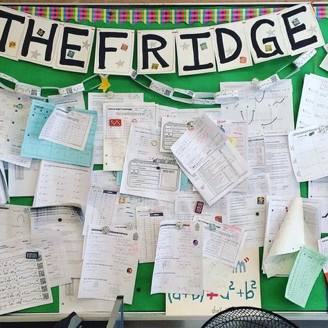 Classroom "Fridge" board to display work they are proud of! ❤️ Fridge Bulletin Board, Classroom Fridge, Math Bulletin Boards, Middle School Math Classroom, Upper Elementary Math, Math And Science, Math Jokes, Math Words, Classroom Jobs