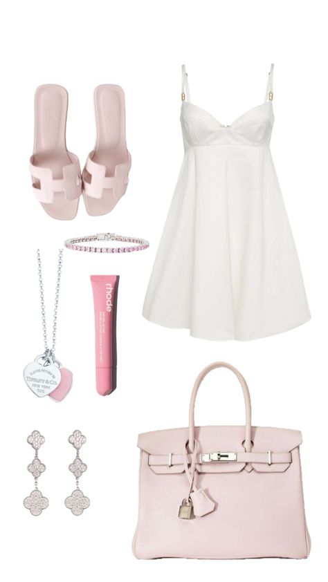 #pinkoutfit #pink #rhode #birkin #hermes #tiffanyandco Pink Luxury Bag, Fashion Magazine Aesthetic, Pink And White Outfit, Magazine Aesthetic, White Outfit, High Fashion Street Style, Necklaces, Pink, Design