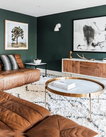 Green Walls Living Room, Living Room Colour Schemes, Dark Green Living Room, Interior Drawing, Leather Couches, Interior Boho, Dark Green Walls, Quirky Home, Decor Ikea