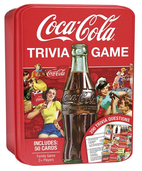 PRICES MAY VARY. This Coca-Cola Trivia Game by MasterPieces Inc. is great for family game night! Learn about Coca-Cola’s history, beverages, slogans and ad campaigns and other fun Coke-related topics. Includes 50 trivia cards with 200 Coca-Cola-related questions. This game is perfect for every Coke collector and comes in a collectible tin box! Recommended for ages 13 and up with 2 or more players. Coca Cola History, Coca Cola Gifts, Air Popcorn Maker, Coca Cola Merchandise, Coca Cola Store, Hot Dog Roller, Cherry Coke Can, World Of Coca Cola, Coca Cola Bottles