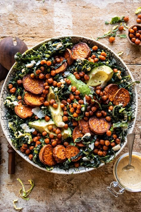 Kale Caesar Salad with Sweet Potatoes and Crispy Chickpeas | halfbakedharvest.com #caesarsalad #kale Man Salad Recipes, Summer Kale Salad Recipes, Salad Recipes For Dinner Winter, Healthy Vegan Recipes Clean Eating, Recipes With Nutrition Facts, Hominy Salad, Interesting Salads, Healthy Kale Salad, Harvest Kale