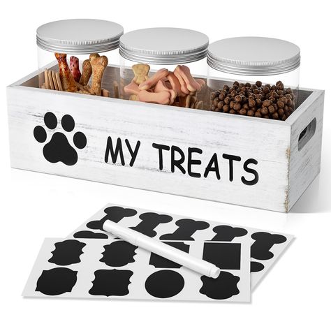 PRICES MAY VARY. Keep pet treats fresh: Our dog treat container features airtight plastic canisters that will keep your pet's favorite treats, such as beef sticks, dog biscuits, and jerky, fresh and crispy, prevents them from being accidentally spilled or crushed Durable and pet-friendly design: Our pet treat containers are made from high-quality wood and plastic, and won't break due to your pets' curious paws Customizable organization: You can easily personalize and categorize your pet's treats Dog Treats Container, Dog Food Organization, Dog Room Organization, Dog Treat Station, Dog Supplies Organization, Pet Food Station, Storage With Lids, Pet Gift Basket, Dog Treat Storage