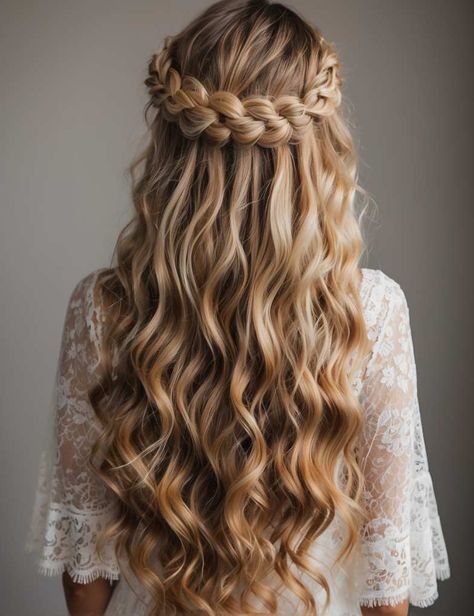 Wedding Hairstyles Waterfall Braid, Waves From Braids, Princess Wedding Hairstyles, Waterfall Braid Wedding Hair, Elegant Wedding Hair Down, Blonde Wedding Hairstyles, Waterfall Braid With Curls, Messy Fishtail Braids, Blonde Wedding Hair