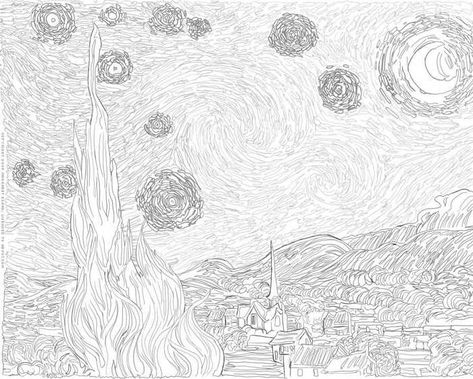 Hard Starry Night Van Gogh Coloring Page - Van Gogh Coloring Pages Van Gogh Coloring, Sunflower Coloring, Van Gogh Irises, Francisco Goya, Arte Van Gogh, History Painting, Classical Conversations, Johannes Vermeer, Henri Rousseau