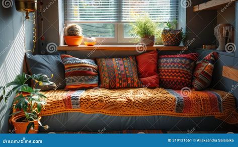 snuggle up in a comfy reading corner with colorful blanket and cushions, a great cozy touch in a modern home setting AI generated Comfy Reading Corner, Mansion Bedroom, Bookshelf Lighting, Comfy Reading, Colorful Blanket, Reading Nooks, Built In Bench, Cozy Reading Nook, Reading Corner