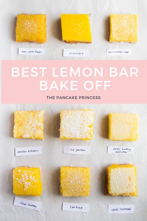 We tried nine of the most popular lemon bar recipes on the internet to find the best! Which one's your favorite? #lemon #lemonbars Thick Lemon Bars, Best Lemon Bar Recipe, Lemon Bars Cooks Illustrated, Best Lemon Squares Recipe, The Best Lemon Desserts, Cooks Illustrated Lemon Bars, Lemon Bar Desserts, Lemon Bars Recipe 9x13, Best Lemon Bars Recipe