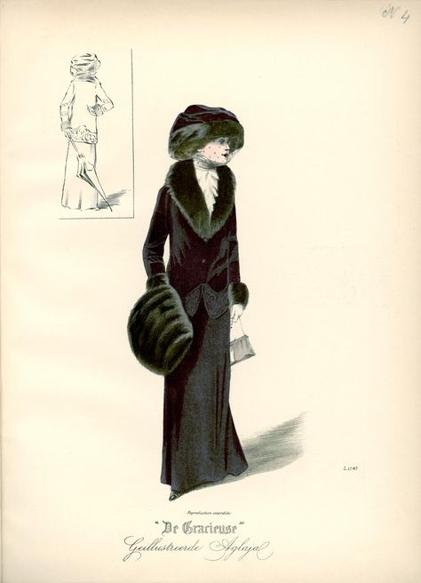 De Gracieuse February 1910 fashion plate Source: geheugen.delpher.nl 1910 Fashion Plate, 1910s Fashion Women, 1916 Fashion, 1913 Fashion, 1915 Fashion, 1912 Fashion, 1914 Fashion, 10s Fashion, Antique Room