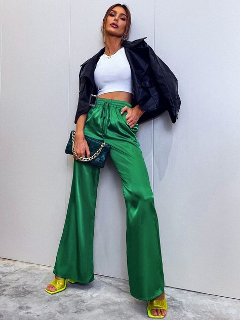 Free Returns ✓ Free Shipping On Orders $49+ ✓. Drawstring Waist Satin Wide Leg Pants- Women Pants at SHEIN. Satin Pants Outfit Casual, Silk Pants Outfit, All Green Outfit, Satin Pants Outfit, Mixing Prints Fashion, Green Pants Women, Satin Wide Leg Pants, Green Pants Outfit, Silky Pants