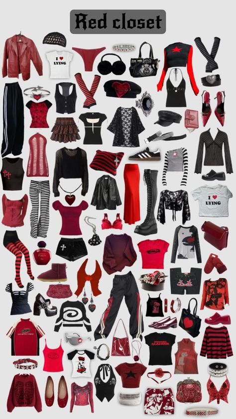 Red Party Outfit Aesthetic, Scarlet Outfit Aesthetic, Red Acubi Outfit, Red Rockstar Outfit, Doja Cat Outfits Inspo Ideas, Red Era Outfit Ideas, Girl In Red Concert Outfit Ideas, Scarlet Tour Outfits, Red And Black Y2k Outfits