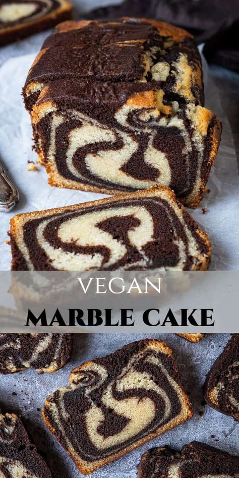 Modern Vegan Recipes, Vegan Baked Meals, Vegan Marble Cake Recipe, Small Vegan Cake, Amazing Vegan Desserts, Vegan Baking Recipes Desserts, Vegan Snack Cake, Vegan Chocolate Pound Cake, Eggless Marble Cake Recipes