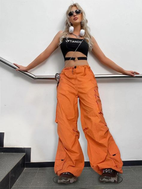 Street Vibes Drawstring Detail Flap Pocket Parachute Jogger Pants | SHEIN USA Hiphop Girl, Parachute Pants Outfit, Orange Outfits, Street Vibes, Tangerine Color, Orange Pants, Drawstring Detail, Orange Outfit, Outfit Goals