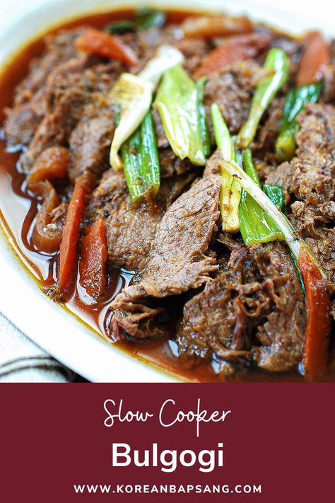 Slow Cooker Bulgogi Slow Cooker Pork Belly, Korean Bapsang, Slow Cooker Korean Beef, Korean Bbq Beef, Recipe Korean, Asian Noodle Dishes, Wok Recipes, Asian Side Dishes, Bulgogi Recipe