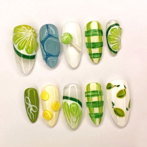 2024 New Cute 3D Medium Almond 10Pcs Handmade Manicure Fake Nails Press On Nails Fruits Design with Nails Green And White, Lime Nails, Press On Nail Kit, Nails Green, Almond Nail, Summer Green, Gel Designs, Fruit Design, Nail Sizes