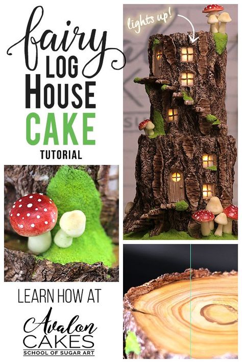 Stump Log Fairy House CAKE that lights up! Perfect woodland party! Learn how at Avalon Cakes www.avaloncakesschool.com #woodland #fairy #stump Woodland Fairy Cake, Fairy House Cake, Square Cake Design, Fairy Garden Cake, Fondant Cake Tutorial, Fairy Birthday Cake, Cake Pop Tutorial, House Lights, Woodland Cake