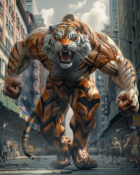 Giant Tiger Running Through City Streets Tiger Running, Giant Tiger, Tiger Costume, Inspirational Digital Art, Realistic Illustration, Colored Pictures, Photography Movies, Strong Muscles, Photography Games