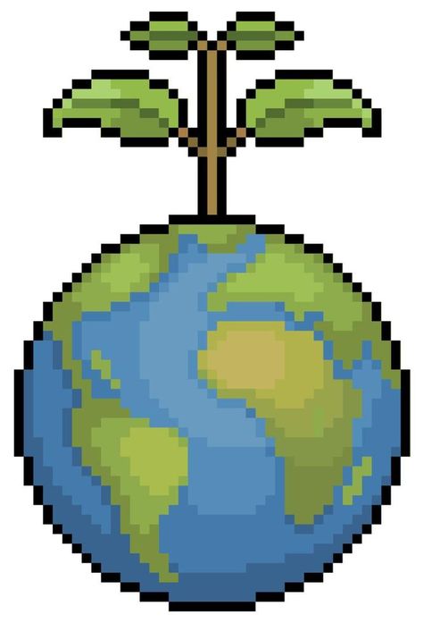 Pixel art earth with plant. Sustainable planet. Environmental Day vector icon for 8bit game on white background Earth Pixel Art, Sustainability Icon, Pixel Earth, Environmental Day, Anime Crochet, Stencil Outline, Save Environment, Vector Texture, Tattoo Stencil Outline