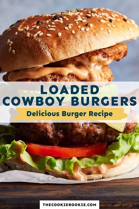 Cowboy Burgers loaded with avocado, onion rings, bacon, and cheese? YUM! It doesn't get better than this Loaded BBQ Burger recipe with Spicy Mayo. BBQ dreams do come true! #thecookierookie #burgers #BBQ Cowboy Burgers, Sloppy Joe Burger, Bbq Burger Recipes, Cowboy Burger, Burger Sides, Delicious Burger Recipes, Bbq Burger, Best Burger Recipe, Cheeseburger Recipe