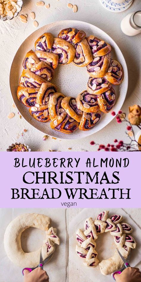 Blueberry and Almond Christmas Bread Wreath Recipe. Fun to assemble and a real Christmas showstopper! via @rainbownourish Savoury Christmas Wreath, Bread Folding Ideas, Braided Bread Wreath, Christmas Bread Art, Yule Bread Winter Solstice, Bread Wreath Braided, Wreath Pastry, Yule Baking Recipes, Winter Bread Recipes