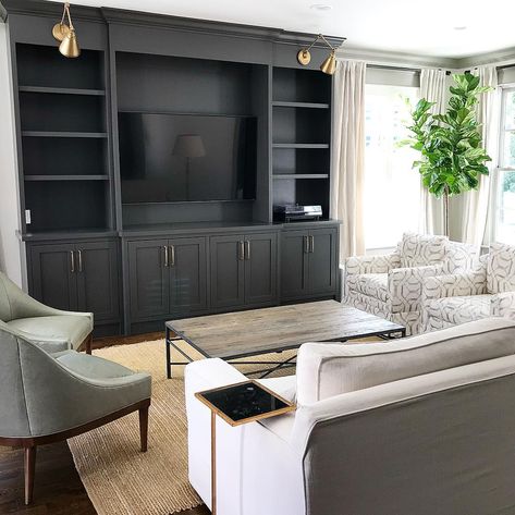 Dark Built Ins, Built In Shelves Living Room, Home Cinema Room, Throwing It Back, Custom Built Ins, Tv Wall Unit, Living Room And Dining Room, Busy Family, Built In Shelves