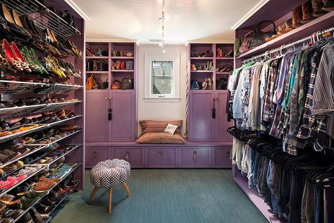 Spacious walk-in closet with plenty of room for dresses, shoes, handbags and more! Purple Closet, Purple Cabinets, Mirrored Wardrobe Doors, Bedroom Eclectic, Farmhouse Side Table, California Closets, Rustic Dining Room, Small Apartment Decorating, Room Closet