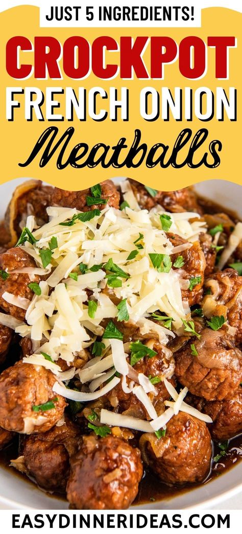 These juicy Crockpot French Onion Meatballs are so easy to make and are exploding with flavor. Made with just 5 simple ingredients, they are everything you love about French onion soup but in meatball form! Slow Cooked French Onion Meatballs, Slowcooker French Onion Meatballs, Meatball Soup Recipes Crockpot, Easy French Onion Meatballs, French Onion Soup Meatballs Crockpot, Meatball Recipes Lipton Onion Soup, French Onion Meatball Subs, Frozen Meatballs Crockpot Dinners, French Onion Meatballs Instant Pot