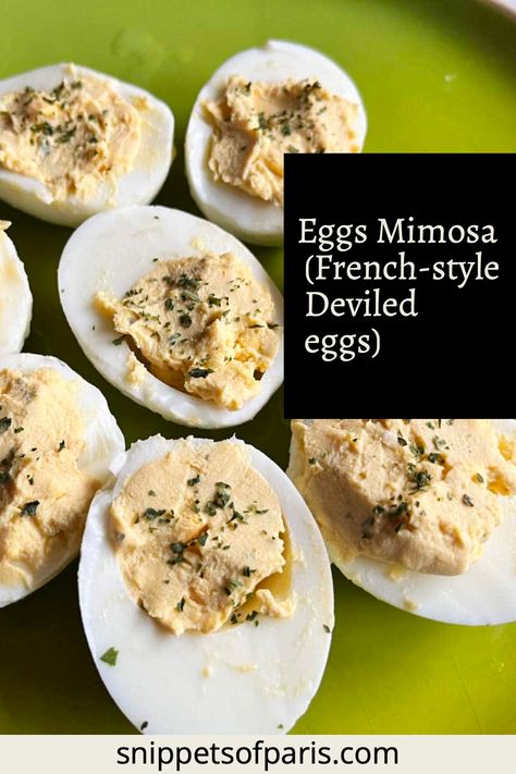 Get the recipe for eggs mimosa, the French deviled eggs. Served as an appetizer or snack, these delicious oeufs mimosa are always a favorite. French Deviled Eggs, Eggs Mimosa, Creamy Garlic Dressing, French Eggs, Easy French Recipes, Cheesy Potato Casserole, Diy Snacks, French Recipes, Egg Dishes