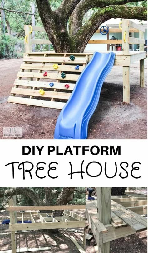 DIY platform tree house Play House Around Tree, Outdoor Tree House Ideas, Simple Play Structure Diy, Diy Tree Climbing Steps, Diy Small Tree House, Simple Tree Fort Easy Diy, Diy Platform Treehouse, Diy Easy Playground, Backyard Treehouse Diy