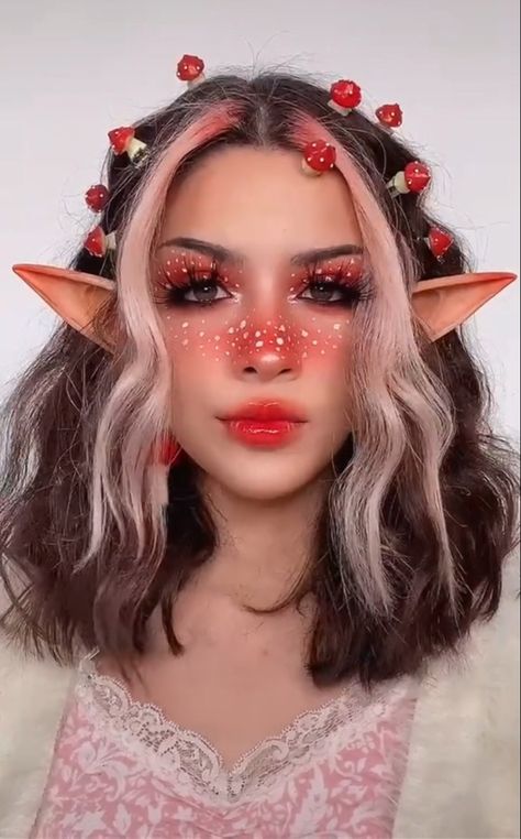 Nature Elf Makeup, Elf Fairy Cosplay, Mushroom Elf Makeup, Mushroom Elf Cosplay, Mushroom Makeup Tutorial, Toadstool Makeup, Farie Makeup, Mushroom Costume Makeup, Mushroom Elf Costume