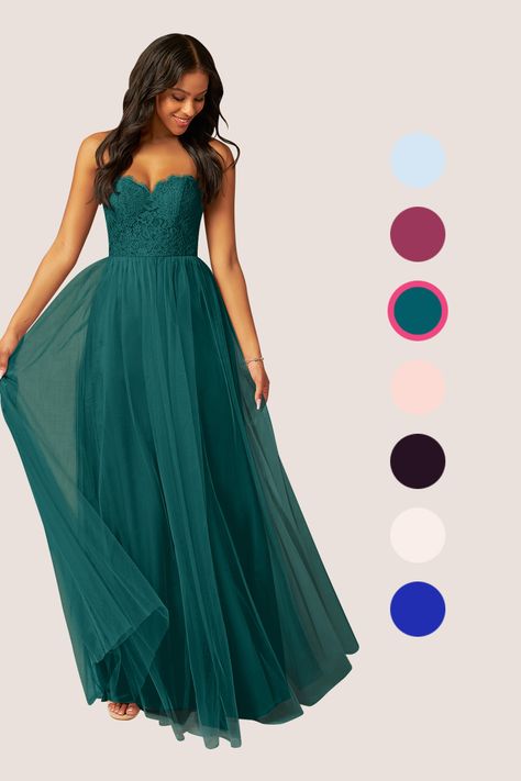 Roni is our stunning bridesmaid dress crafted from tulle. She features a strapless sweetheart neckline leading to a V-back. The look is complete with a gathered A-line skirt. Bridesmaid Dresses Dark Teal, Fairy Bridesmaid Dresses, Plus Size Bridesmaid Dresses Flattering, Dark Teal Bridesmaid Dresses, Ink Blue Bridesmaid Dresses, Peacock Bridesmaid Dresses, Dark Teal Dress, Tulle Bridesmaid Dresses, Dark Green Bridesmaid Dress