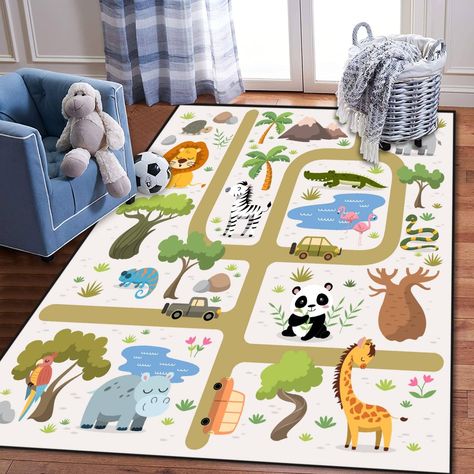 PRICES MAY VARY. PLAYFUL DESIGN: We've been trying to make kids' room a progressively more fun place to be so that bedtime is easier. This fun and charming kid-friendly design provides an engaging area rug for bedrooms and play areas. EXTRA LARGE SIZE: 5 feet x 8 feet (150x240cm). Extra large space enough for the child and his/ her toys. It folds up very easily and is light enough for it easy to handle. The Non-slip bottom design is ideal for wooden or other material floor surfaces and it doesn' African Carpet, Zoo Baby Shower Theme, Playroom Nursery, Kids Bedroom Inspiration, Play Rug, Nursery Room Inspiration, Extra Large Rugs, Bedroom Playroom, Kids Play Area