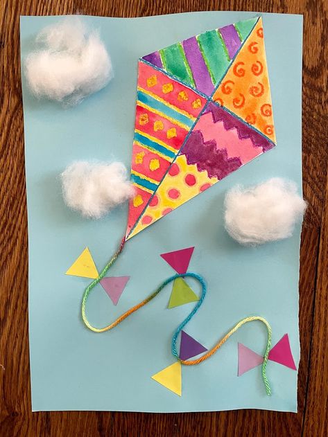 Kite Craft Preschool Art Projects, Kites For Preschoolers, Spring Art For Grade 1, Grade 2 Spring Art, 2nd Grade Craft Ideas, Spring Art For 2nd Grade, Kite Projects For Kids, Kite Art For Kids, Kite Art Project