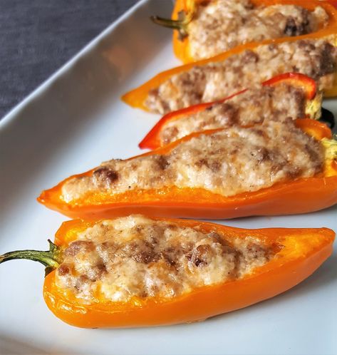 Breakfast Sausage Stuffed Sweet Peppers | Keto | Low Carb Somoa Cake, Asparagus Recipes Soup, Tuna Mousse, Sausage Appetizers, Mini Peppers, Banana Peppers, Mini Sweet Peppers, Asparagus Soup, Sweet Peppers