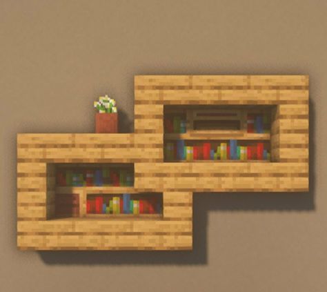 Shelves In Minecraft, Shelfs In Minecraft, Mincraft Bookshelves Ideas, Minecraft Display Case, Shelves Minecraft, Bookcase Minecraft, Minecraft Bookcase, Minecraft Clothing Store, Minecraft Dinner Table