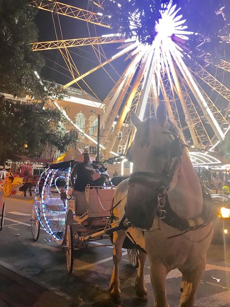 Skyview Ferris Wheel downtown Atlanta Georgia horse and carriage rides nearby streets Atlanta Georgia Downtown, Birthday 21, Carriage Ride, Blue Ridge Georgia, Downtown Atlanta, Romances Ideas, European Aesthetic, Cute Date Ideas, Horse And Carriage