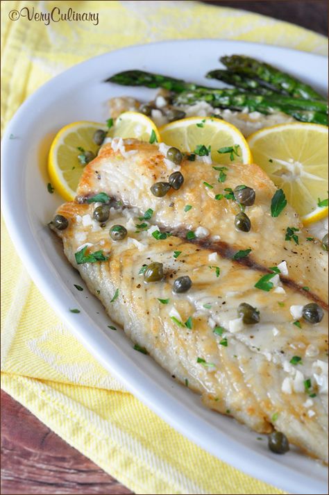 Easy Fish Piccata with Roasted Asparagus on www.bellyfull.net Haddock Piccata Recipes, Fish Piccata, Italian Entrees, Fish Dinners, Rock Fish, Quinoa Flour, Fish Ideas, Cooking Fish, Recipe Italian