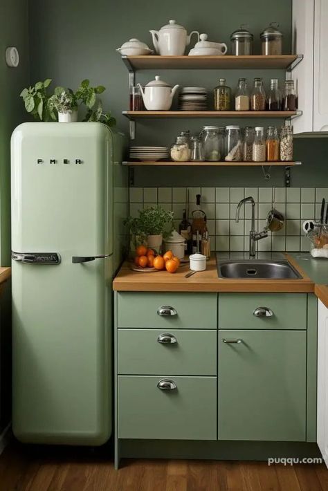 Green Kitchen Paint, Vintage Green Kitchen, Smeg Kitchen, Vintage Homes, Lovely Kitchen, Boho Inspiration, Butcher Block Countertops, Chic Kitchen, Apartment Kitchen