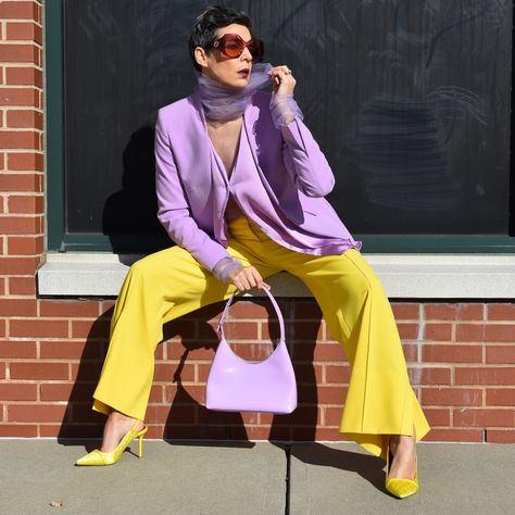 Lavender and yellow outfit with a touch of sheer. How to layer using a sheer turtleneck. #fashion #springoutfit #colorblocking #fashionstyle Lavender Yellow Outfit, Lavender And Yellow Outfit, Purple Yellow Outfit, Purple And Yellow Outfit, Purple Pants Outfit, Yellow Color Combinations, Combination Dresses, Career Outfits, Purple Suits