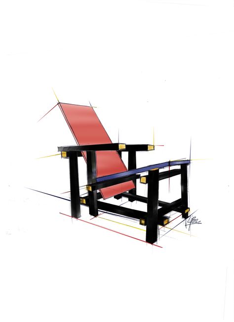 Mid Mod Furniture, Rietveld Chair, Gerrit Rietveld, Crate Table, Mod Furniture, Baby Chair, Perspective Drawing, Blue Chair, Mid Mod