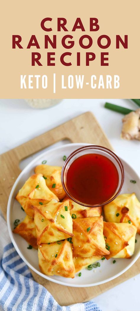 These keto crab rangoons are the perfect low carb alternative to the classic Chinese appetizer. Made with homemade fathead dough and filled with a creamy and flavorful cream cheese and lump crab mixture, these raccoons are sure to become a family favorite. Plus, they are gluten free and easy to make! keto appetizer | low carb appetizer Keto Crab Rangoon, Keto Chinese Food, Keto And Gluten Free, Crab Rangoons, Rangoon Recipe, Crab Rangoon Recipe, Fathead Dough, Keto Fruit, Keto Cream