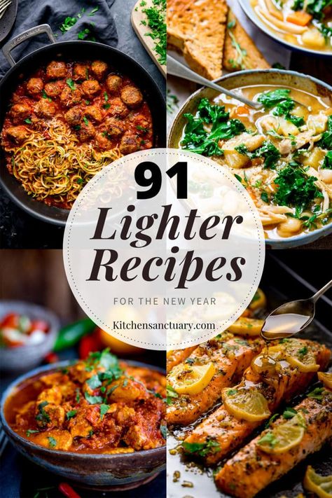 91 lighter recipes for the new year - split into breakfast, lunch, dinner, savoury snacks and sweet snacks/desserts. Delicious lower calorie, nutritous recipes. #lighterrecipes #lowcalorielunches #lowcaloriedinners #lowcaloriebreakfasts Healthy Evening Meals, Easy Evening Meals, Low Cal Dinner, Healthy Evening Snacks, Lighter Recipes, Kitchen Sanctuary, Food Creatives, American Dinner, Savoury Snacks