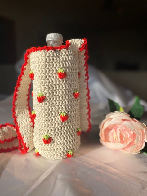 Bottle Holder, Crochet Mushroom Water Bottle Holder, Water Bottle Crochet Holder, Crochet Drink Bottle Bag, Strawberry Water Bottle Holder Crochet, Cute Crochet Water Bottle Holder, Strawberry Water, Crochet Water Bottle Holder, Purse Patterns Free