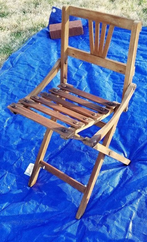 How to Paint a Salty Beach Chair DIY | Hometalk Wood Stump Side Table, Beach Chairs Diy, French Country Chairs, Modern House Numbers Sign, Stained Trim, Dining Table Makeover, Chair Diy, Wooden Folding Chairs, Front Door Makeover