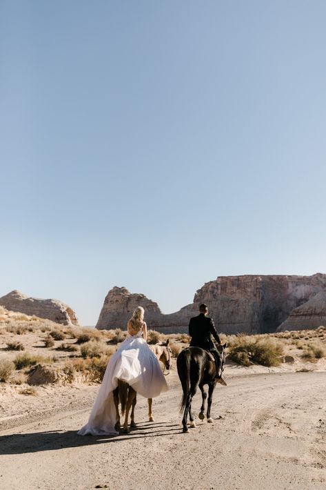 Horseback Riding Wedding, Horse In Wedding, Horse Elopement, Brides On Horses Wedding, Wedding Horses, Wedding With Horses, Horses At Weddings, White Horse Wedding Photos, Amangiri Resort